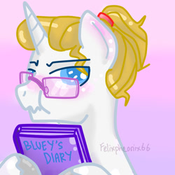 Size: 850x850 | Tagged: safe, artist:felixpheonix66, prince blueblood, blushing, diary, glasses, ponytail, scrunchy face, solo