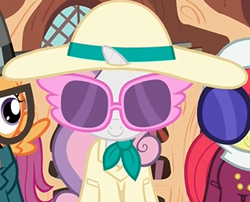 Size: 318x257 | Tagged: safe, screencap, apple bloom, scootaloo, sweetie belle, twilight time, clothes, costume, cutie mark crusaders, disguise, glasses, hat
