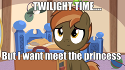 Size: 1920x1080 | Tagged: safe, button mash, earth pony, pony, twilight time, bed, colt, foal, grammar error, hat, hooves, image macro, male, meme, pillow, propeller hat, sitting, solo, text