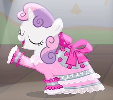 Size: 232x205 | Tagged: safe, screencap, sweetie belle, for whom the sweetie belle toils, bow, clothes, costume, dress, play, ribbon, school play, solo