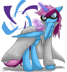 Size: 800x860 | Tagged: safe, artist:mossie55, oc, oc only, oc:parcly taxel, alicorn, pony, alicorn oc, beaker, clothes, cutie mark, flask, goggles, lab coat, magic, solo, telekinesis