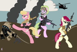 Size: 2964x2013 | Tagged: safe, artist:shadawg, daisy, flower wishes, lily, lily valley, roseluck, diamond dog, flower trio, gun, helicopter, military, mk.12 spr, mk.18, sg 556, styer tpm mp9, war, weapon