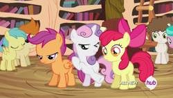 Size: 1083x610 | Tagged: safe, screencap, apple bloom, aquamarine, gallop j. fry, rainy feather, scootaloo, super funk, sweetie belle, twilight time, cutie mark crusaders, eyes, hooves, hub logo