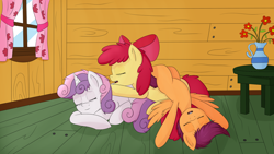 Size: 1920x1080 | Tagged: safe, artist:earth-sea-sky, apple bloom, scootaloo, sweetie belle, cuddle puddle, cuddling, cute, cutie mark crusaders, eyes closed, messy mane, on back, open mouth, pony pile, prone, sleeping, smiling, snuggling, tired