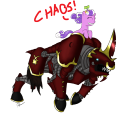 Size: 5120x5000 | Tagged: safe, artist:shadawg, screwball, pony, absurd resolution, bloodcrusher, crossover, juggernaut of khorne, khorne, nose piercing, nose ring, piercing, riding, simple background, transparent background, warhammer (game), warhammer 40k