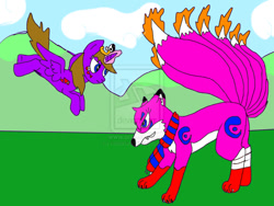 Size: 1024x768 | Tagged: safe, artist:adeanwolf, oc, oc only, alicorn, fox, pony, alicorn oc, eyestrain warning, kitsune, kyuubimon, non-mlp oc, vs