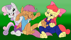 Size: 1420x795 | Tagged: safe, artist:ced75, artist:kuroi-wolf, apple bloom, scootaloo, sweetie belle, anthro, plantigrade anthro, barefoot, cutie mark crusaders, feet, tickling, toes