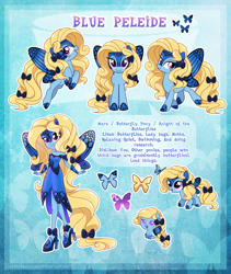 Size: 3300x3902 | Tagged: safe, artist:lessanamidairo, oc, oc only, oc:blue peleide, butterfly, original species, pony, equestria girls, abstract background, bow, butterfly pony, butterfly wings, equestria girls-ified, ponied up, reference sheet, solo, tail bow