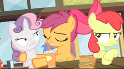 Size: 383x215 | Tagged: safe, screencap, apple bloom, goldengrape, scootaloo, sir colton vines iii, sweetie belle, twilight time, cutie mark crusaders, funny face, hay burger, low quality, table