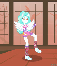 Size: 1220x1408 | Tagged: safe, artist:dieart77, paisley, equestria girls, belly button, clothes, equestria dojo, exeron fighters, exeron gloves, midriff, ponied up, skirt, sports bra, stance