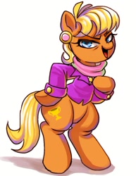 Size: 700x907 | Tagged: safe, artist:susu, ms. harshwhinny, earth pony, pony, bipedal, blonde, blonde mane, blonde tail, clothes, ear piercing, earring, female, jewelry, looking at you, mare, open mouth, orange coat, piercing, shadow, simple background, solo, underhoof, white background