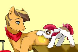 Size: 1024x688 | Tagged: safe, artist:jointsupermodel, oc, oc only, oc:api apple, oc:golden delicious, earth pony, pony, cousins, female, filly, kilalaverse, male, offspring, parent:apple bloom, parent:applejack, parent:caramel, parent:pipsqueak, parents:carajack, parents:pipbloom, poking, stallion, story included, upset
