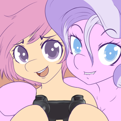 Size: 1024x1024 | Tagged: safe, artist:sagasshi, diamond tiara, scootaloo, anthro, controller, cute, female, gamer scootaloo, lesbian, lip bite, scootiara, selfie, shipping