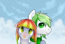Size: 1024x689 | Tagged: safe, artist:ghst-qn, oc, oc only, oc:melon drop, oc:melon-drop, earth pony, pony, clothes, scarf, sky, tongue out