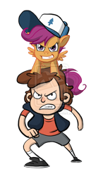 Size: 600x1029 | Tagged: dead source, safe, artist:carmalicious, scootaloo, pegasus, cap, crossover, deviantart watermark, dipper pines, female, filly, gravity falls, hat, obtrusive watermark, simple background, transparent background, watermark