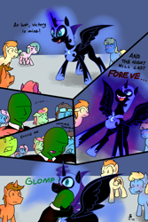 Size: 2000x3000 | Tagged: safe, artist:invection, nightmare moon, oc, oc:anon, alicorn, earth pony, human, pegasus, pony, unicorn, blushing, comic, female, hug, male, mare, shocked, stallion, surprise hug, wat