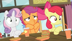 Size: 1214x692 | Tagged: safe, edit, screencap, apple bloom, goldengrape, scootaloo, sir colton vines iii, sweetie belle, twilight time, cutie mark crusaders, duckface, fast food, restaurant