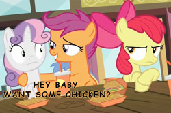 Size: 1038x688 | Tagged: safe, edit, screencap, apple bloom, goldengrape, scootaloo, sir colton vines iii, sweetie belle, twilight time, :, cutie mark crusaders, fast food, i need an adult, restaurant, scootabelle, shipping