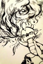 Size: 862x1280 | Tagged: safe, artist:percy, spike, dragon, equestria games (episode), equestria games, fire, pen and ink, psychic powers, psychic spike, pyrokinesis, solo, traditional art
