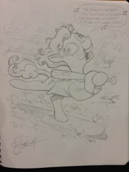 Size: 768x1024 | Tagged: safe, artist:andypriceart, screw loose, baseball bat, hospital gown, monochrome, open mouth, singing, sketch, snowboard, snowboarding, solo, tongue out, traditional art