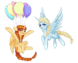 Size: 1300x1055 | Tagged: safe, artist:kikuri-tan, alicorn, anna, balloon, balloon popping, elsa, frozen (movie), ponified, underhoof