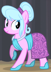 Size: 588x828 | Tagged: safe, screencap, earth pony, pony, rarity takes manehattan, background pony, coral shine, looking back, raised hoof, smiling, solo