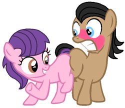 Size: 578x499 | Tagged: safe, artist:iceagelover, filthy rich, suri polomare, earth pony, pony, bedroom eyes, blushing, butt bump, butt to butt, butt touch, colt, filly, foal, gritted teeth, looking at each other, smiling, younger