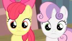 Size: 1920x1080 | Tagged: safe, screencap, apple bloom, sweetie belle, flight to the finish, face, faic, frown