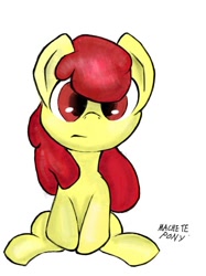 Size: 574x768 | Tagged: safe, artist:macheteponies, apple bloom, confused, looking at you, missing accessory, solo