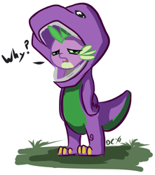 Size: 1280x1449 | Tagged: safe, artist:blindcoyote, spike, dragon, barney the dinosaur, clothes, costume, sad, solo, why