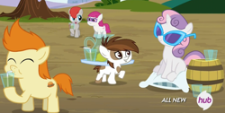 Size: 1284x648 | Tagged: safe, screencap, gallop j. fry, little red, pipsqueak, sweetie belle, train tracks (character), twilight time, hub logo, lemonade, sunglasses