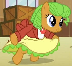 Size: 685x625 | Tagged: safe, screencap, earth pony, pony, apple family reunion, apple family member, background pony, clothes, courtsey, cropped, curtsey, curtseying, dosie dough, dress, female, mare, ringlets, solo