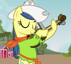 Size: 576x523 | Tagged: safe, screencap, fiddlesticks, earth pony, pony, apple family reunion, apple family member, background pony, bipedal, clothes, cowboy hat, cropped, eyes closed, female, hat, mare, shirt, solo, violin