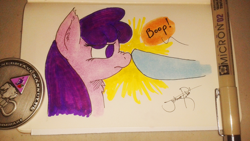 Size: 2560x1440 | Tagged: safe, artist:jorobro, berry punch, berryshine, boop, fluffy, frown, nose wrinkle, traditional art, unamused