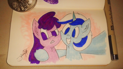 Size: 2560x1440 | Tagged: safe, artist:jorobro, berry punch, berryshine, minuette, traditional art