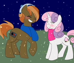 Size: 3500x3000 | Tagged: safe, artist:sunniedoodles, button mash, sweetie belle, cap, clothes, female, hat, male, older, scarf, shipping, straight, sweetiemash