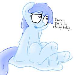 Size: 1054x1077 | Tagged: dead source, safe, artist:normalevan, oc, oc only, oc:frost bite, goo pony, original species, cute, dialogue, english, female, sitting, solo, underhoof