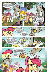 Size: 900x1384 | Tagged: safe, idw, apple bloom, discord, scootaloo, sweetie belle, draconequus, earth pony, pegasus, pony, unicorn, friends forever, spoiler:comic, spoiler:comicff2, apple, comic, cutie mark crusaders, female, filly, finger snap, foal, food, idw advertisement, male, official comic, preview, speech bubble