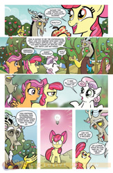 Size: 900x1384 | Tagged: safe, artist:tonyfleecs, idw, apple bloom, discord, scootaloo, sweetie belle, draconequus, earth pony, pegasus, pony, unicorn, friends forever, spoiler:comic, spoiler:comicff2, apple, apple tree, comic, cutie mark crusaders, female, filly, foal, food, idw advertisement, male, official comic, preview, speech bubble, sweetiedumb, tree