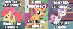 Size: 680x268 | Tagged: safe, apple bloom, scootaloo, sweetie belle, cutie mark crusaders, image macro, meme