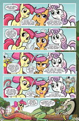 Size: 900x1384 | Tagged: safe, artist:tonyfleecs, idw, apple bloom, discord, scootaloo, sweetie belle, draconequus, earth pony, pegasus, pony, unicorn, friends forever, spoiler:comic, spoiler:comicff2, comic, cutie mark crusaders, female, filly, foal, idw advertisement, male, official comic, preview, speech bubble, sweetiedumb