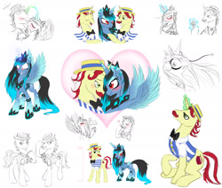 Size: 1791x1516 | Tagged: safe, artist:alicornparty, flam, flim, oc, oc:shiver, alicorn, pony, alicorn oc, blushing, canon x oc, female, flim flam brothers, heart, kissing, magic, male, shipping, shiverflam, sketch dump, straight