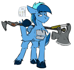 Size: 3031x2866 | Tagged: safe, artist:ralek, oc, oc only, oc:umami stale, pegasus, pony, augmented, axe, cloven hooves, disinterested, hologram, joule, solo