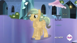 Size: 1776x998 | Tagged: safe, screencap, atomic crystal, beta particle, neighls bohr, crystal pony, pony, equestria games (episode), atom, background pony, hub logo, male, solo, stallion
