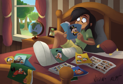 Size: 1902x1308 | Tagged: safe, artist:nmartinez, artist:ric-m, daring do, human, beagle boys, bed, comics, crossover, donald duck, duck tales, humanized, injured, scrooge mcduck, solo