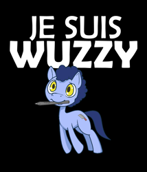 Size: 1200x1400 | Tagged: safe, artist:darkdoomer, oc, oc only, oc:wuzzlefluff, earth pony, pony, /mlp/, charlie hebdo, french, je suis charlie, mouth hold, parody, pen, wacom stylus