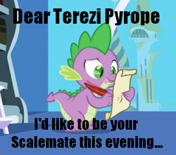 Size: 436x386 | Tagged: safe, edit, edited screencap, screencap, spike, dragon, friendship is magic, caption, cropped, homestuck, image macro, letter, male, meme, quill, scalemate, solo, spike's love letters, terezi pyrope, tongue out, writing