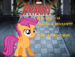 Size: 760x580 | Tagged: safe, scootaloo, chicken, fake, marvel: avengers alliance, vector, video game