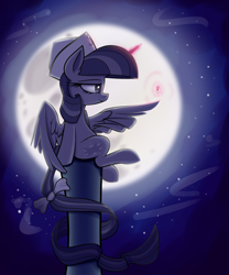 Size: 1250x1500 | Tagged: safe, artist:heir-of-rick, twilight sparkle, twilight sparkle (alicorn), alicorn, pony, female, mare, moon, nose wrinkle, sailor hat, solo, spread wings, tail bow