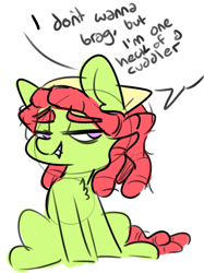 Size: 570x761 | Tagged: safe, artist:nobody, tree hugger, pony, bandana, bedroom eyes, chest fluff, dialogue, sitting, smiling, solo, speech bubble